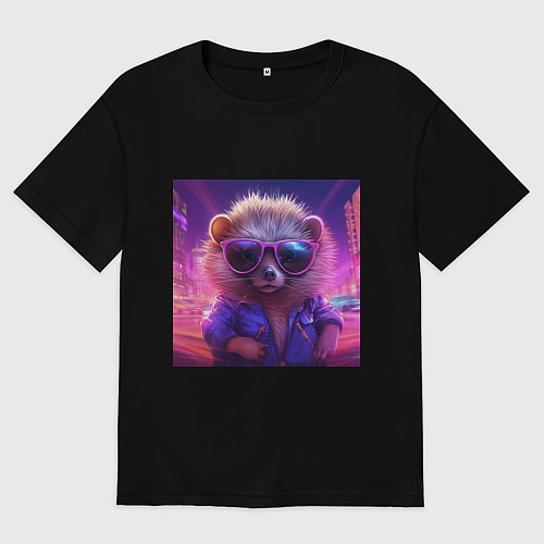 Мужская футболка оверсайз Еж в очках и неоновом свете / Черный – фото 1