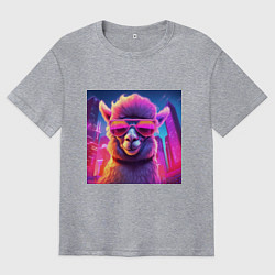 Мужская футболка оверсайз Лама в ярких лучах неона