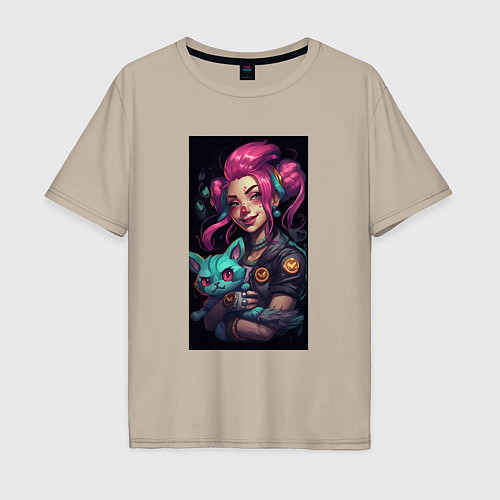 Мужская футболка оверсайз Jinx with cat art League of Legends / Миндальный – фото 1