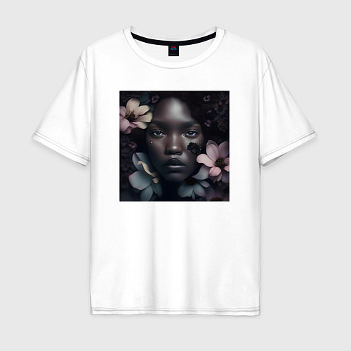 Мужская футболка оверсайз Девушка в чёрных матовых цветах - нейросеть / Белый – фото 1