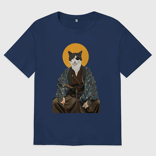Мужская футболка оверсайз Samurai one - eyed cat / Тёмно-синий – фото 1