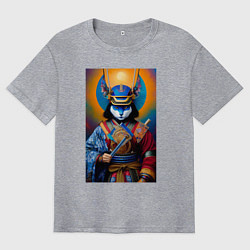 Футболка оверсайз мужская Кот-самурай - нейросеть, цвет: меланж