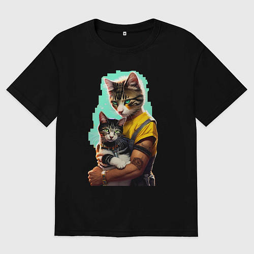 Мужская футболка оверсайз Кот с котёнком - нейросеть / Черный – фото 1