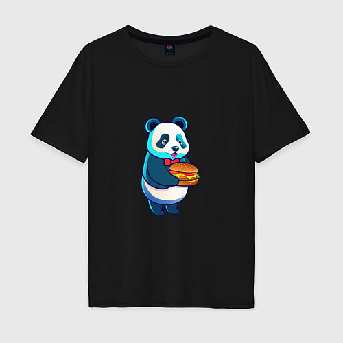 Мужская футболка оверсайз Милая панда с чизбургером / Черный – фото 1