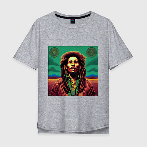 Мужская футболка оверсайз Digital Art Bob Marley in the field / Меланж – фото 1