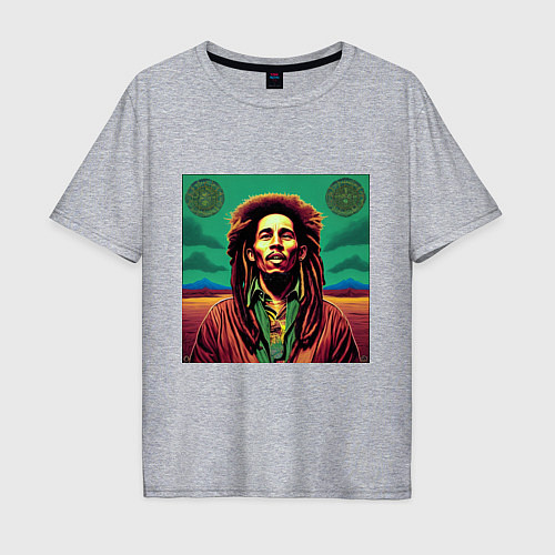 Мужская футболка оверсайз Digital Art Bob Marley in the field / Меланж – фото 1