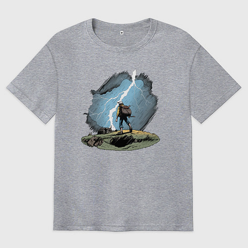 Мужская футболка оверсайз Дурак на холме ловит молнию / Меланж – фото 1