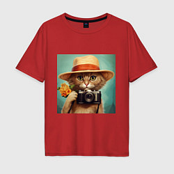 Мужская футболка оверсайз Кот в соломенной шляпе с фотоаппаратом