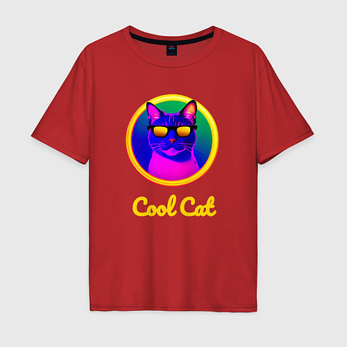 Мужская футболка оверсайз Крутой кот в очках / Красный – фото 1