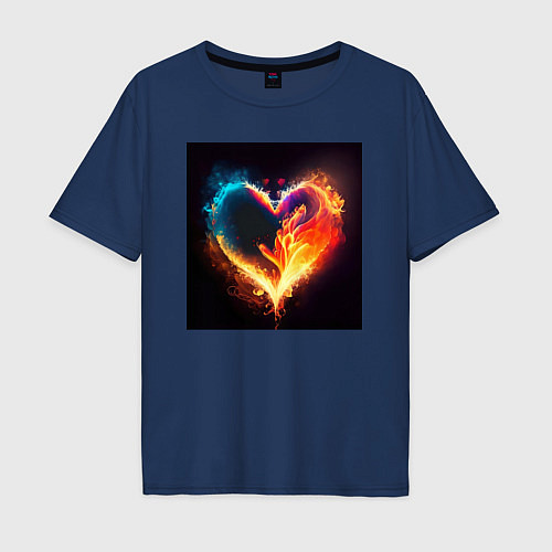 Мужская футболка оверсайз Пылающее сердце - нейросеть / Тёмно-синий – фото 1