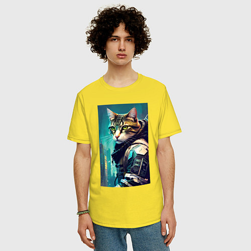 Мужская футболка оверсайз Крутой котейка - киберпанк - нейросеть / Желтый – фото 3