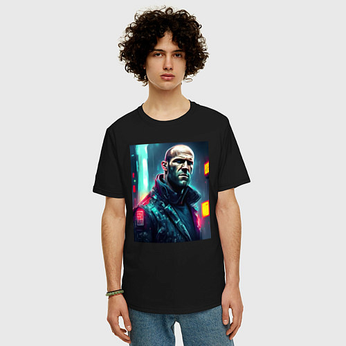 Мужская футболка оверсайз Джейсон Стэтхэм киберпанк - нейросеть / Черный – фото 3