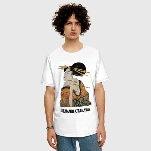 Мужская футболка оверсайз Утамаро Китагава - картина Гейша с трубкой / Белый – фото 3