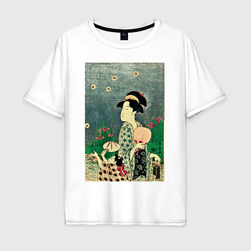 Мужская футболка оверсайз Утамаро Китагава - гравюра Ловля светлячков / Белый – фото 1