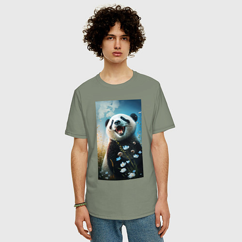 Мужская футболка оверсайз Панда с цветочками / Авокадо – фото 3