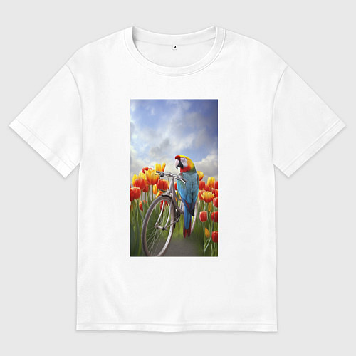 Мужская футболка оверсайз Попугай на велосипеде / Белый – фото 1