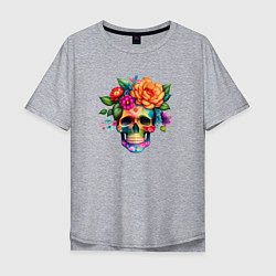 Футболка оверсайз мужская Череп с цветами в мексиканском стиле, цвет: меланж