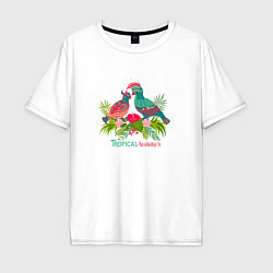 Мужская футболка оверсайз Влюбленные попугаи среди тропических листьев