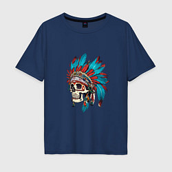 Футболка оверсайз мужская Череп Индейца с перьями, цвет: тёмно-синий