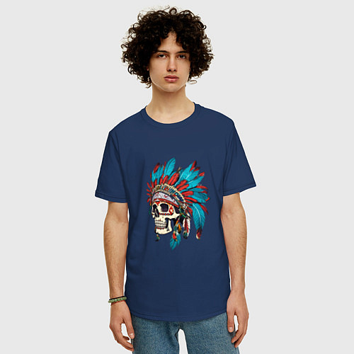 Мужская футболка оверсайз Череп Индейца с перьями / Тёмно-синий – фото 3