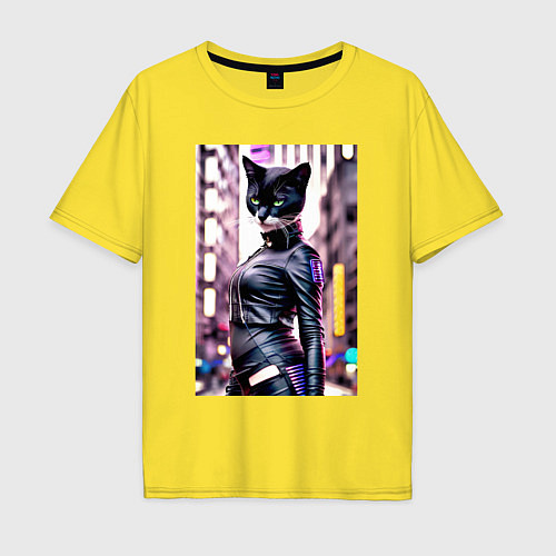 Мужская футболка оверсайз Cool black cat - neural network - fashionista / Желтый – фото 1