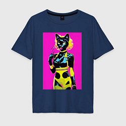 Футболка оверсайз мужская Black cat - fashionista - pop art - neural network, цвет: тёмно-синий