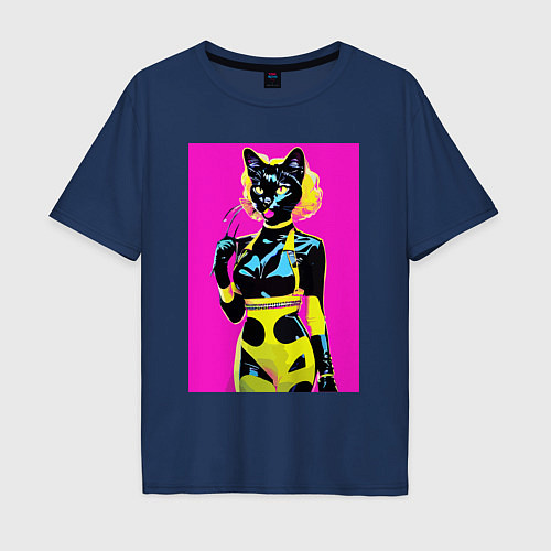 Мужская футболка оверсайз Black cat - fashionista - pop art - neural network / Тёмно-синий – фото 1