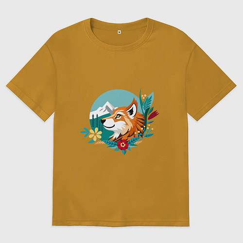 Мужская футболка оверсайз Лиса и горы среди цветов / Горчичный – фото 1