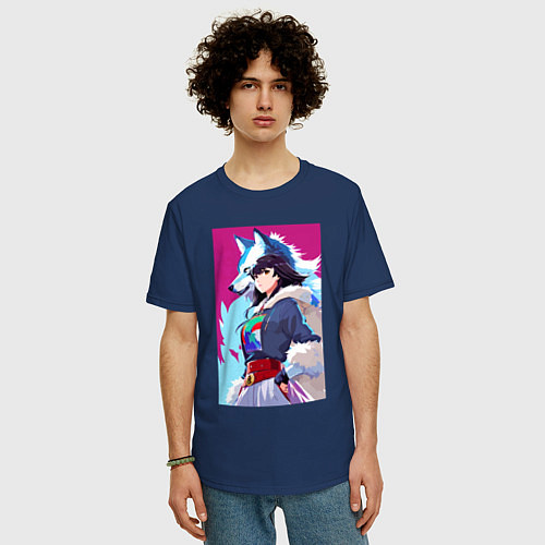 Мужская футболка оверсайз Girl and wolf - anime - neural network / Тёмно-синий – фото 3