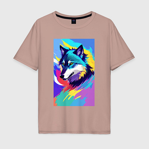 Мужская футболка оверсайз Wolf - pop art - neural network / Пыльно-розовый – фото 1