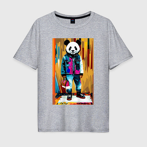 Мужская футболка оверсайз Funny panda - pop art / Меланж – фото 1