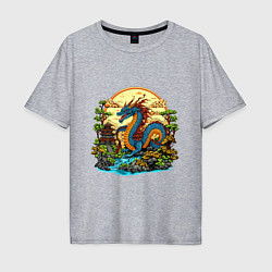 Мужская футболка оверсайз Синий дракон у реки
