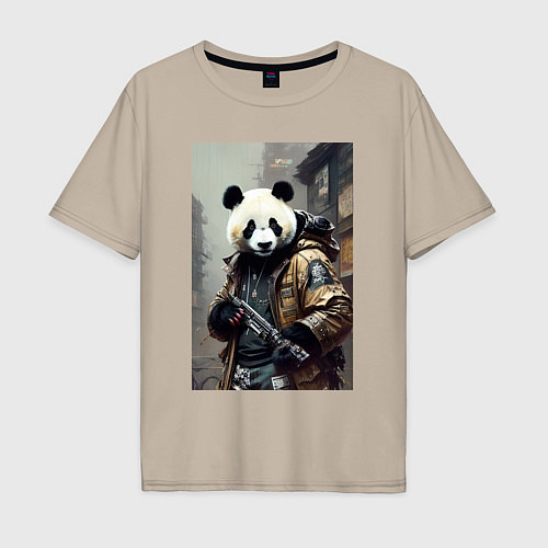 Мужская футболка оверсайз Cool panda - cyberpunk - warrior / Миндальный – фото 1