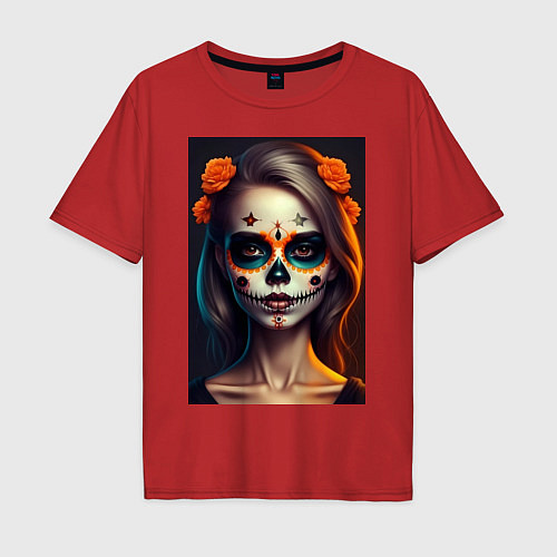 Мужская футболка оверсайз Девушка с макияжем на Хэллоуин - нейросеть / Красный – фото 1