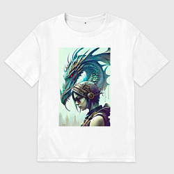 Футболка оверсайз мужская Девчонка в шлеме и дракон - киберпанк, цвет: белый