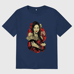 Футболка оверсайз мужская Гейша с веером, цвет: тёмно-синий