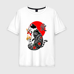 Футболка оверсайз мужская Котик - якудза и иероглиф, цвет: белый