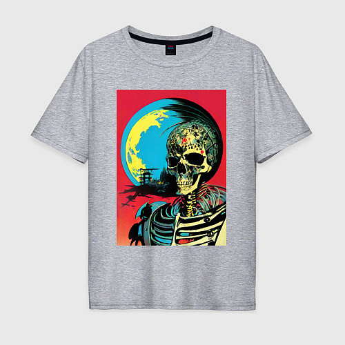 Мужская футболка оверсайз Череп на фоне луны - нейросеть - поп-арт / Меланж – фото 1