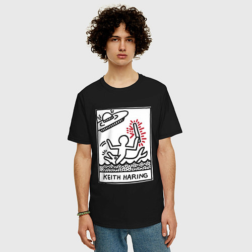 Мужская футболка оверсайз Кит Харинг НЛО - картина поп арт / Черный – фото 3