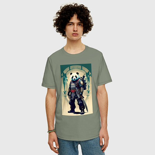 Мужская футболка оверсайз Панда - самурай - киберпанк / Авокадо – фото 3