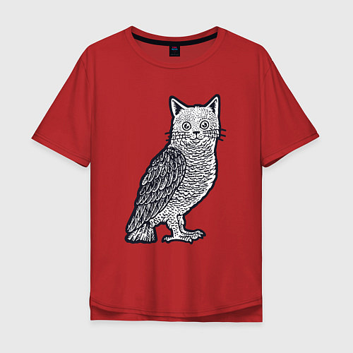 Мужская футболка оверсайз Кошка сова / Красный – фото 1