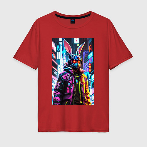 Мужская футболка оверсайз Cool hare - cyberpunk - metropolis / Красный – фото 1