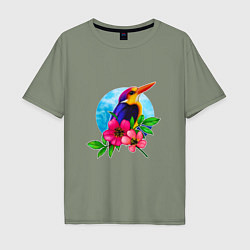 Футболка оверсайз мужская Тропическая птица в цветах, цвет: авокадо
