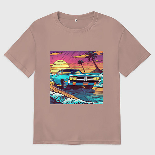 Мужская футболка оверсайз Автомобиль Dodge в стиле retrowave / Пыльно-розовый – фото 1