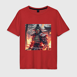 Мужская футболка оверсайз Самурай зомби в пламени огня