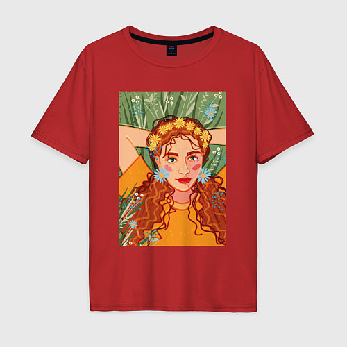 Мужская футболка оверсайз Рыжеволосая девушка с полевыми цветами / Красный – фото 1