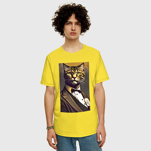 Мужская футболка оверсайз Крутой котяра - джентльмен - нейросеть / Желтый – фото 3