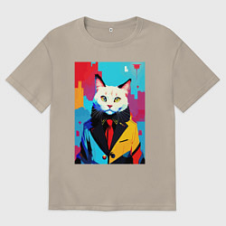 Футболка оверсайз мужская Белый кот модник - поп-арт, цвет: миндальный