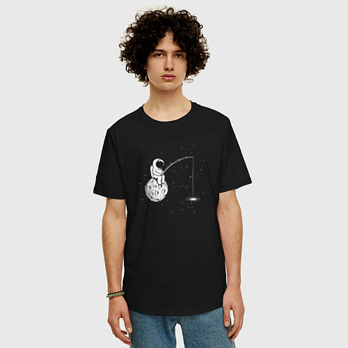 Мужская футболка оверсайз Рыбалка в космосе / Черный – фото 3