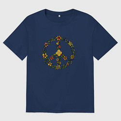 Футболка оверсайз мужская Пацифик знак хиппи цветы, цвет: тёмно-синий